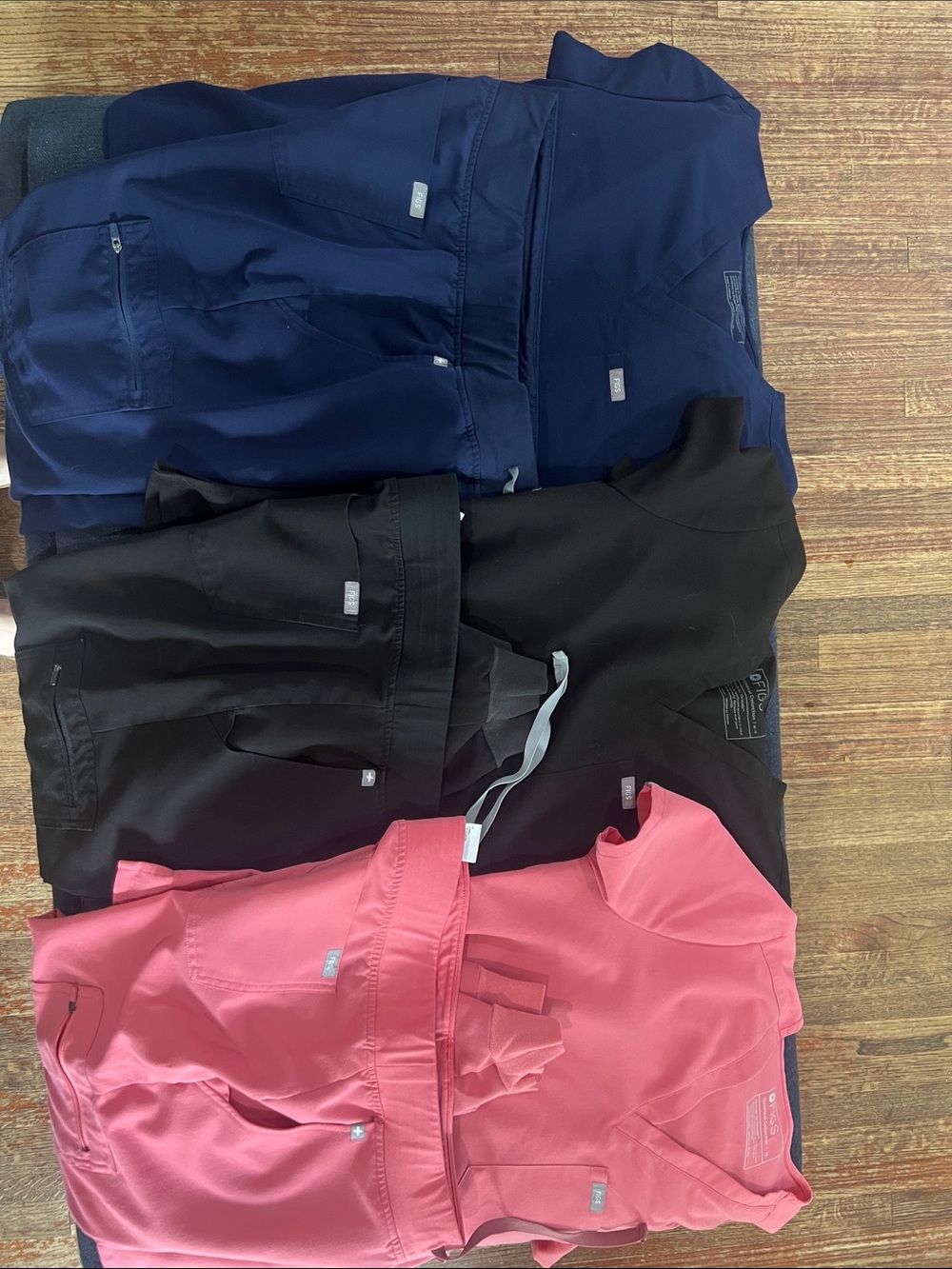 Figs women’s Scrub Tops & Pants Trio - Navy, Black & Pink. Medium in size.